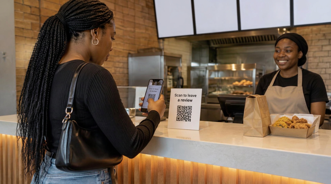 A customer scans a review card at a fast-food counter