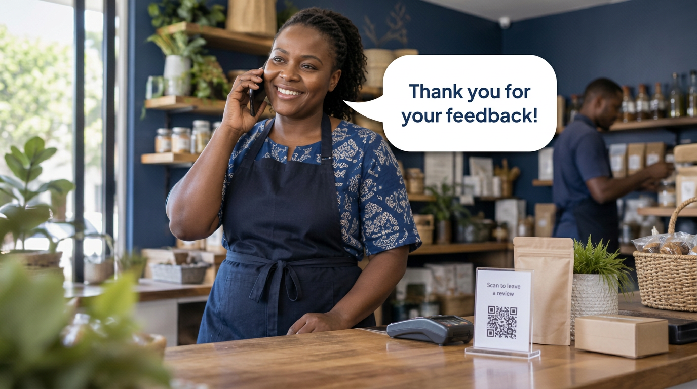 A business owner calls a customer back to follow up on the feedback they left